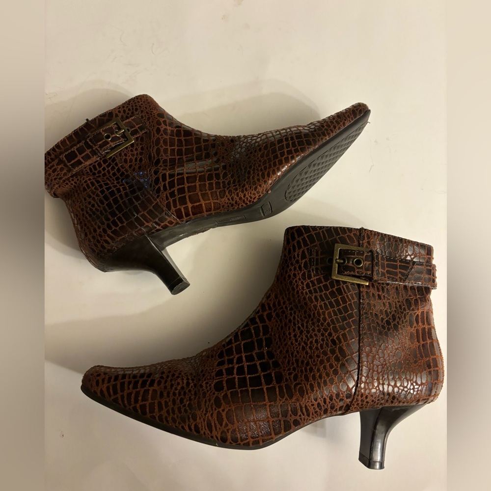 Faux crocodile skin booties brown 2” heel strap on outer side of boot size 6.5